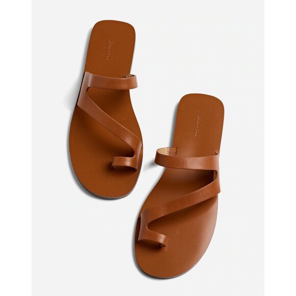 New Madewell Gabi Asymmetric Strap Sandal Warm Coffee Leather Slide Thong Sz 9 - Picture 1 of 9
